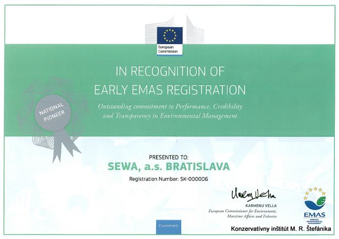 Environmentálne manažérstvo SEWA ocenila aj Európska komisia
